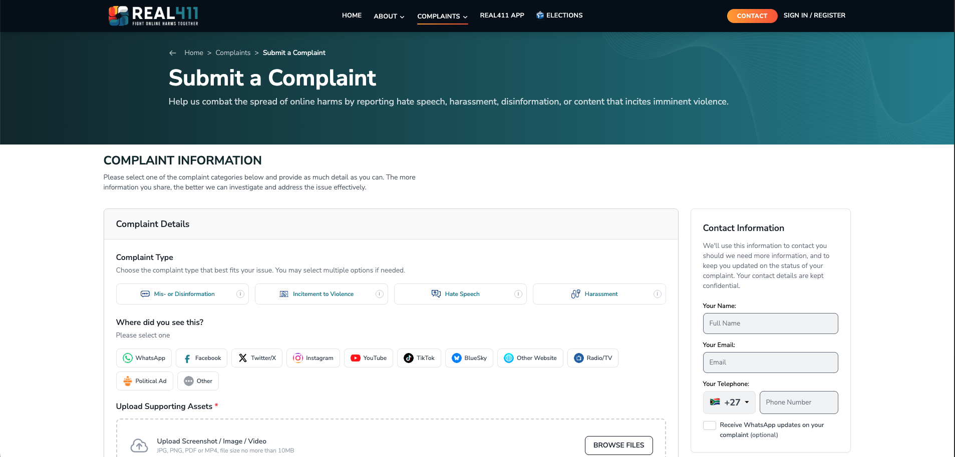 A screenshot from the complaints submission page of Real411.