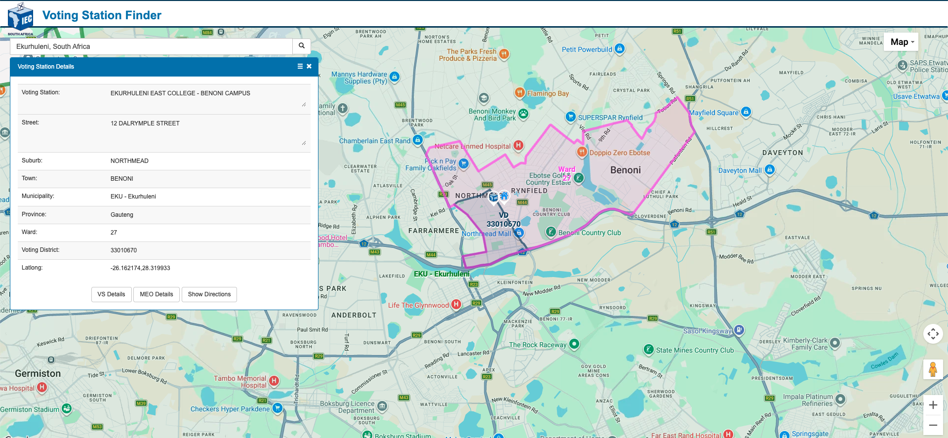 A screenshot from the IEC’s Voting Station Finder displaying a registered 2026 LGE voting station in the City of Ekurhuleni Metropolitan Municipality in Gauteng.