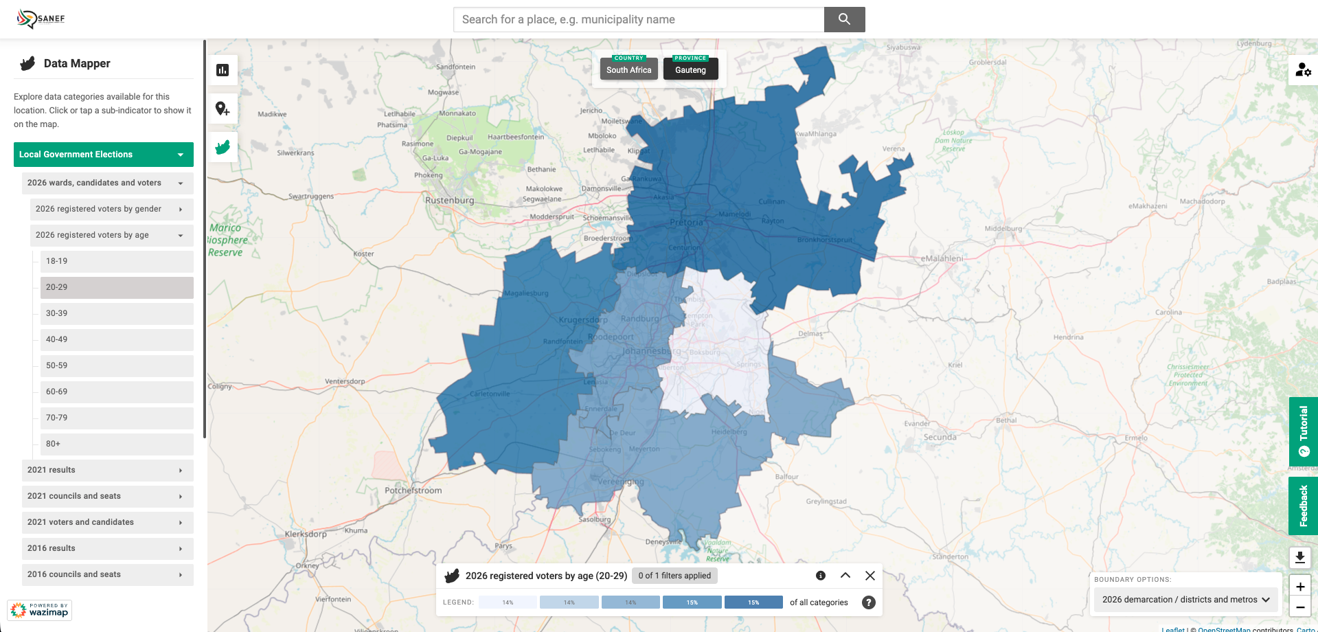 A screenshot from the SANEF Elections Portal displaying voters between the ages of 20 and 29 who have registered for the 2026 LGE in Gauteng, by district/metro.
